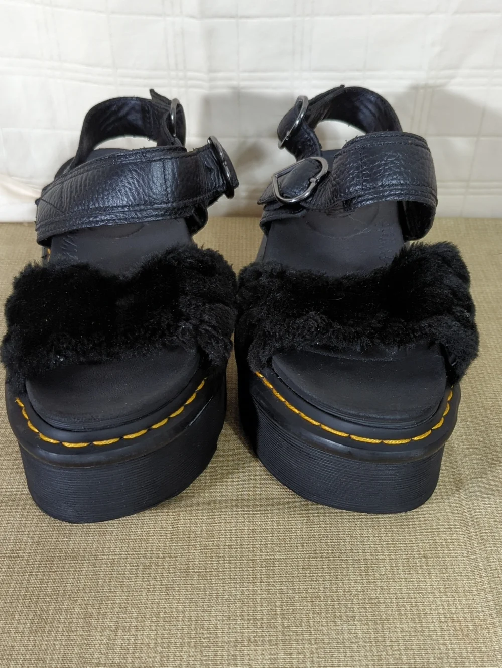 Dr. Martens Voss Quad Black Fluffy Chunky Platform Sandals Silvertone Hardware